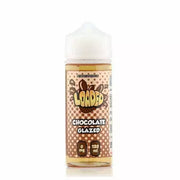 Bottle of Loaded E‑Liquid (120 ml) labeled ‘Chocolate Glazed’ with rich chocolate-brown and creamy beige packaging featuring illustrations of a glossy chocolate-glazed donut atop nut and crepe motifs, accented with subtle swirl patterns—surrounded by secondary flavor notes ‘Apple Fritter, Lemon Bar, Melon Milkshake’ in stylized lettering, designed for vape devices.